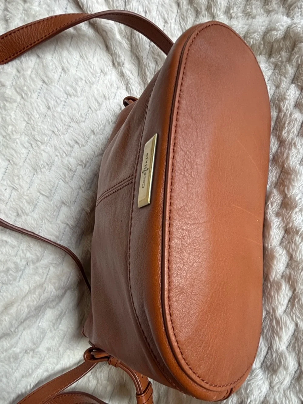 Cole Haan Cognac Tan Smooth Leather Crossbody Hobo Bag Brass Hardware